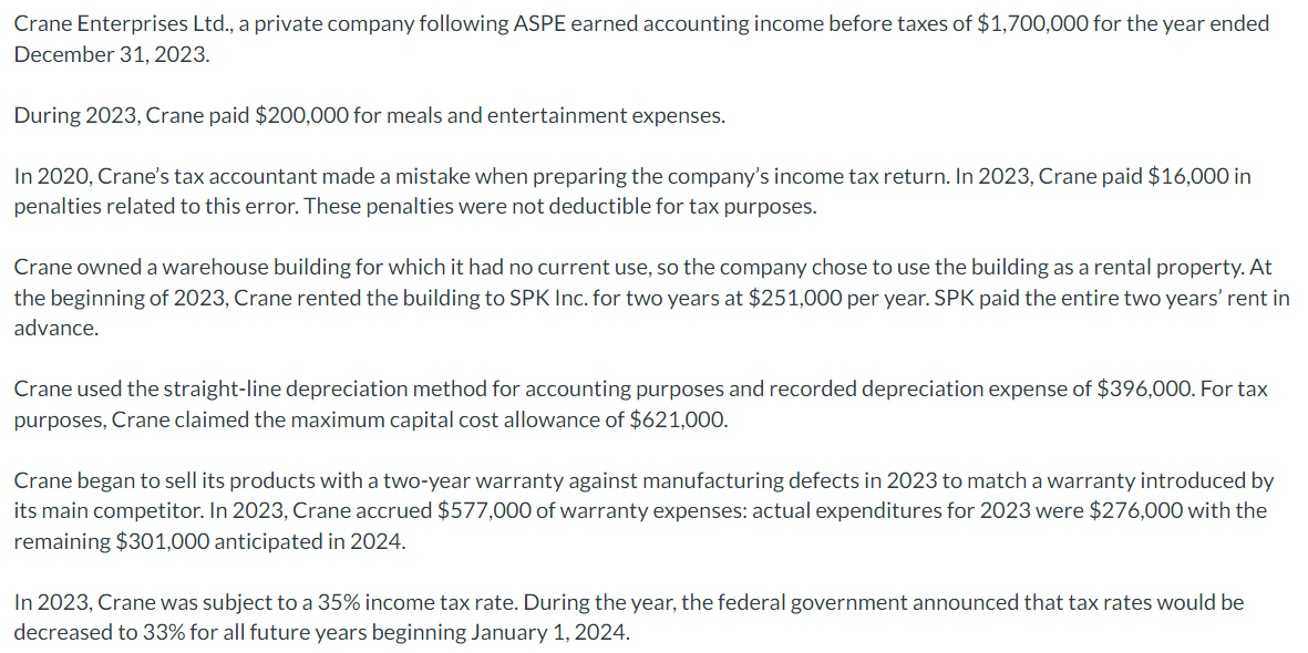  solve for the temporary and permanent differences thank you Crane Enterprises