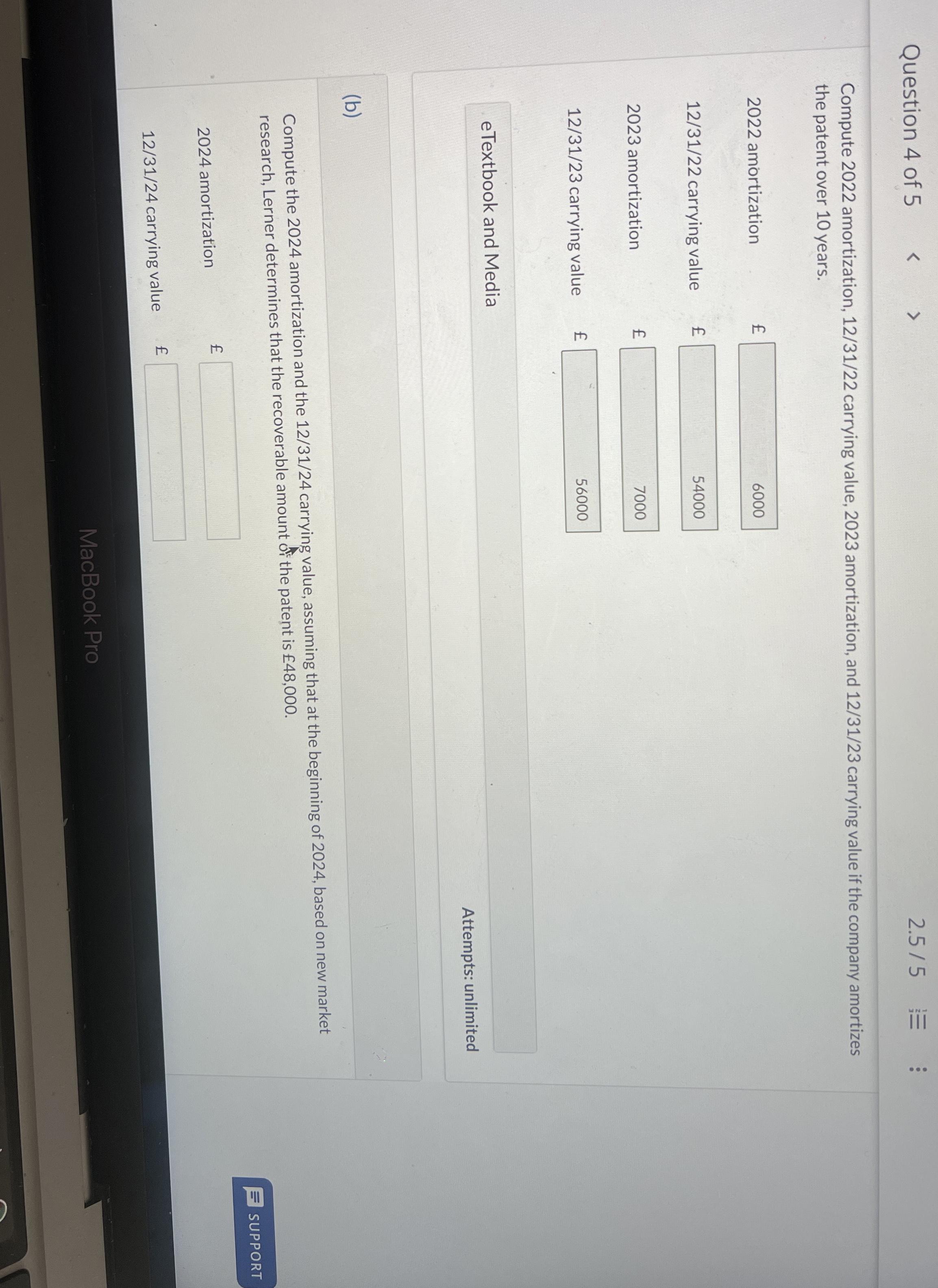  Question 4 of 5 2.55 Compute 2022 amortization, 1231?22 carrying value,