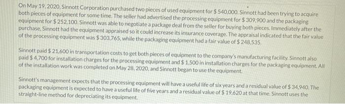  On May 19,2020, Sinnott Corporation purchased two pieces of used equipment