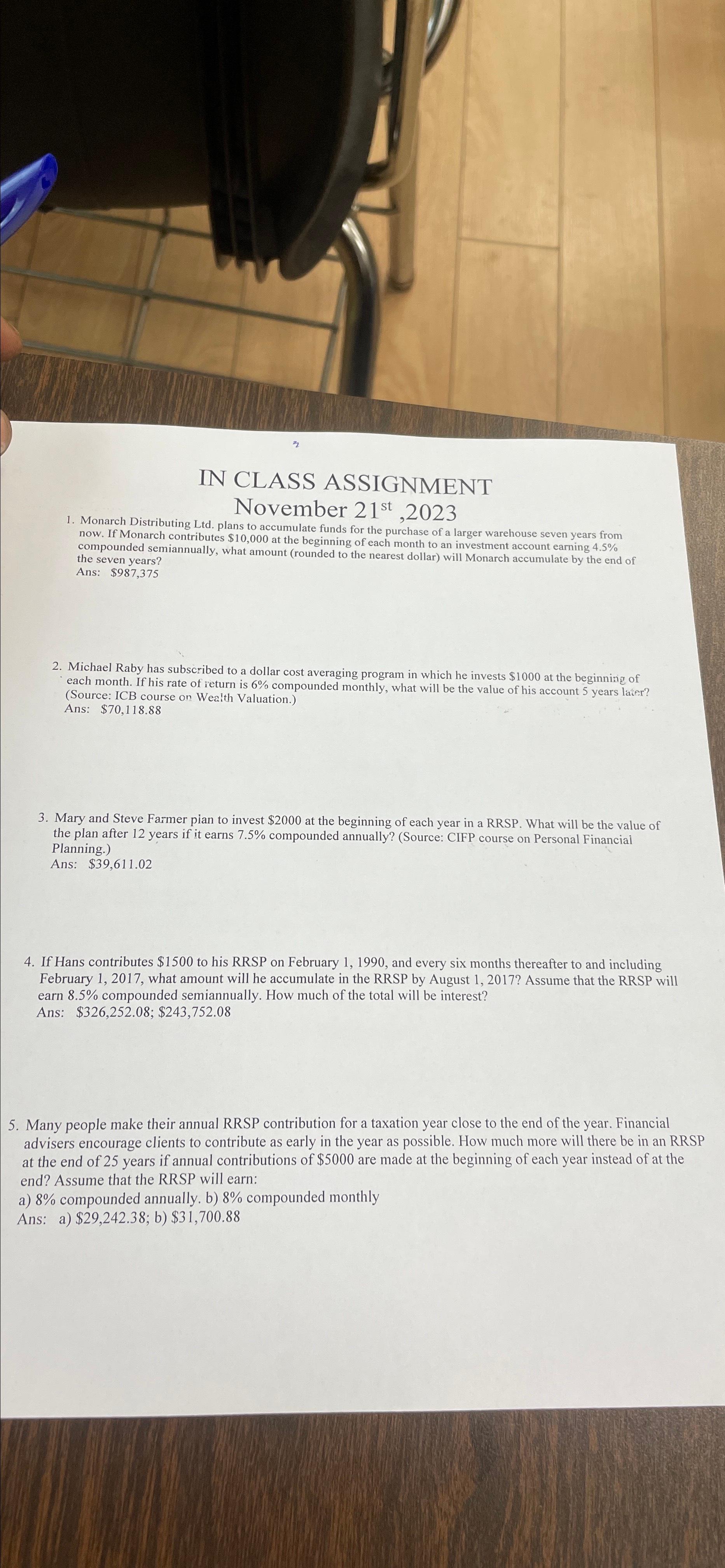  IN CLASS ASSIGNMENT November 21st,2023 Monarch Distributing Ltd. plans to accumulate