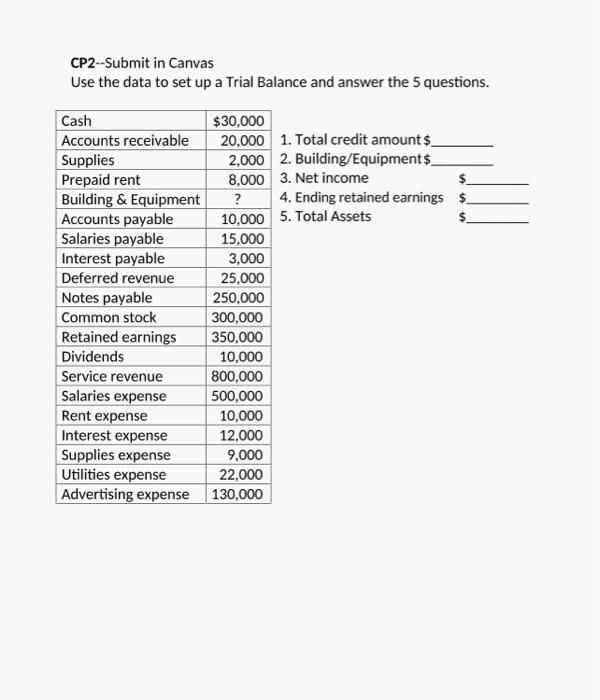 CP2--Submit in Canvas Use the data to set up a Trial Balance