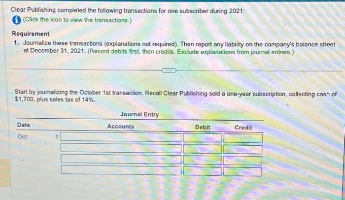  Clear Publishing completed the following transactions for one subscriber during 2021: