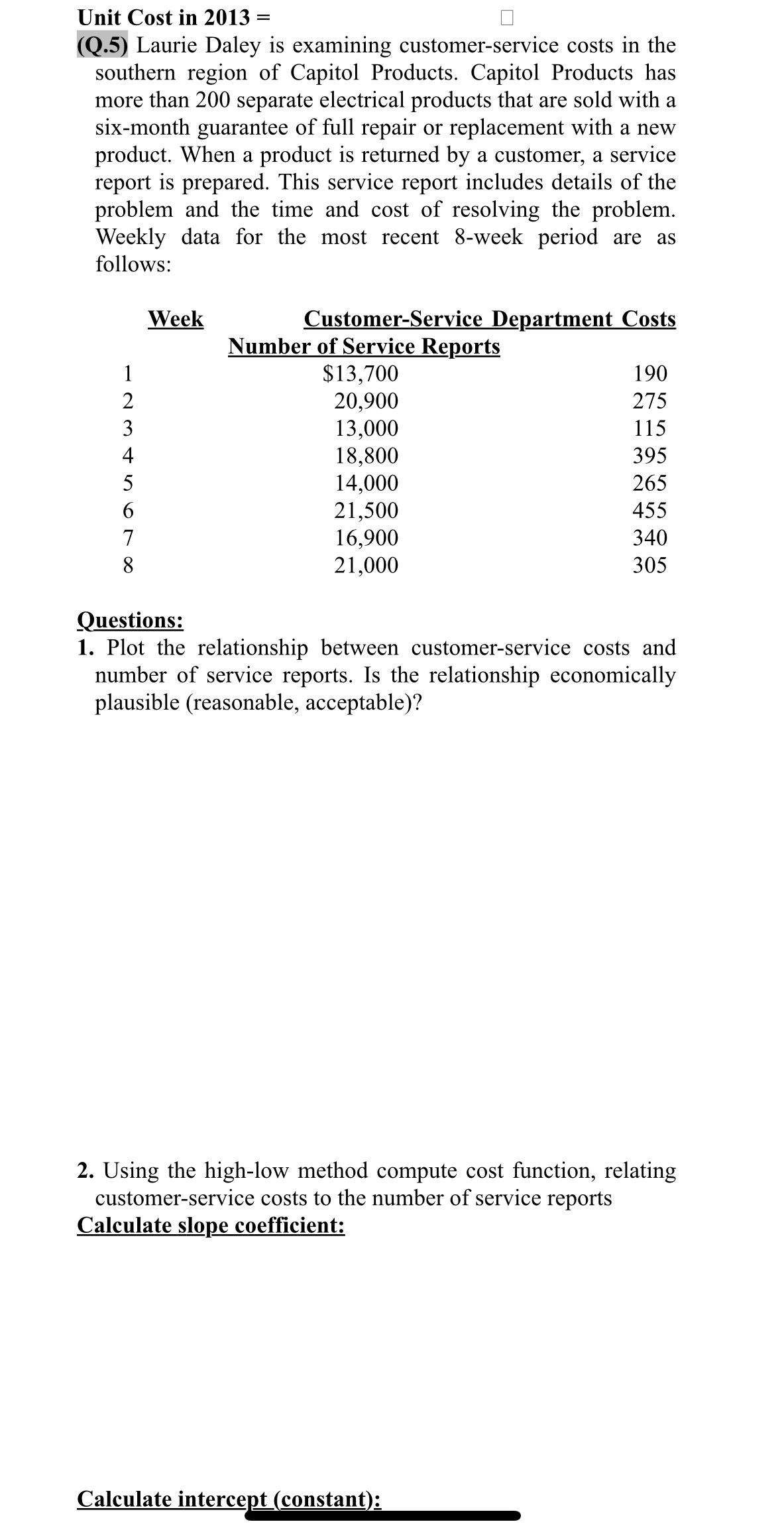  Unit Cost in 2013= (Q.5) Laurie Daley is examining customer-service costs