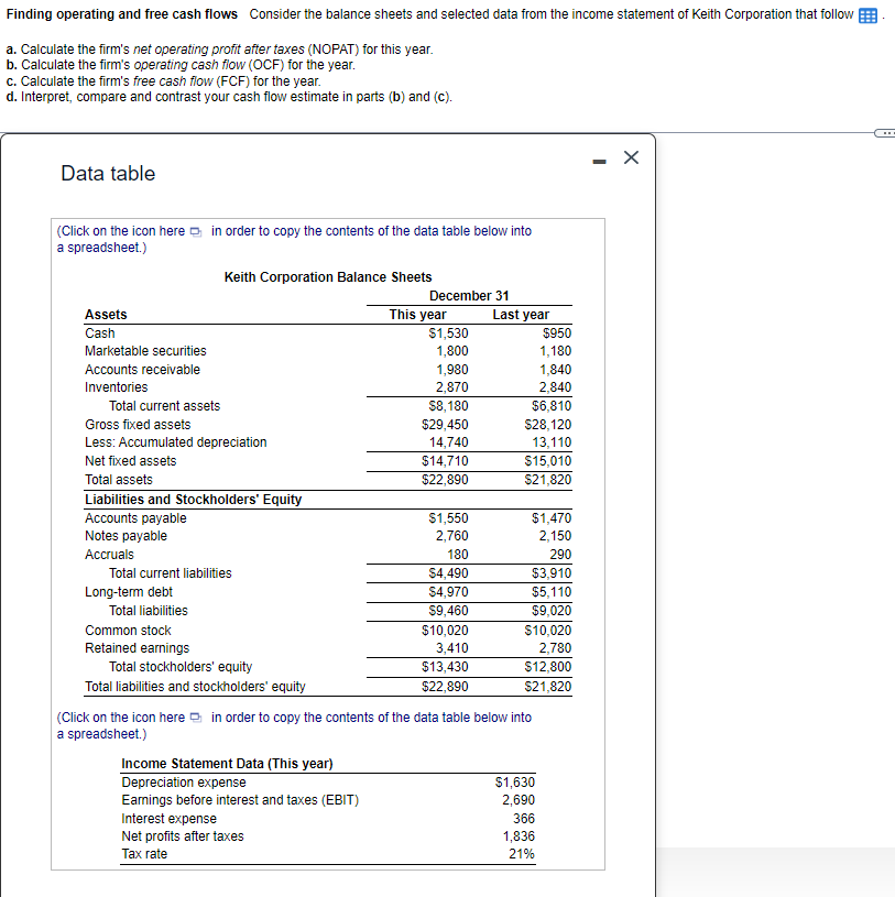  Finding operating and free cash flows Consider the balance sheets and