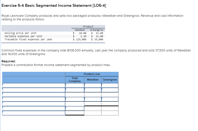 Exercise 6-4 Basic Segmented Income Statement [LO6-4) Royal Lawncare Company produces