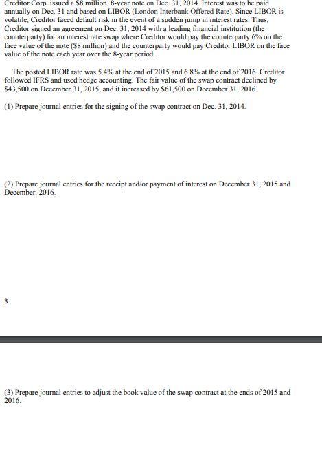  Creditor Corp issued a 58 million, 8-year note on Dec 31,