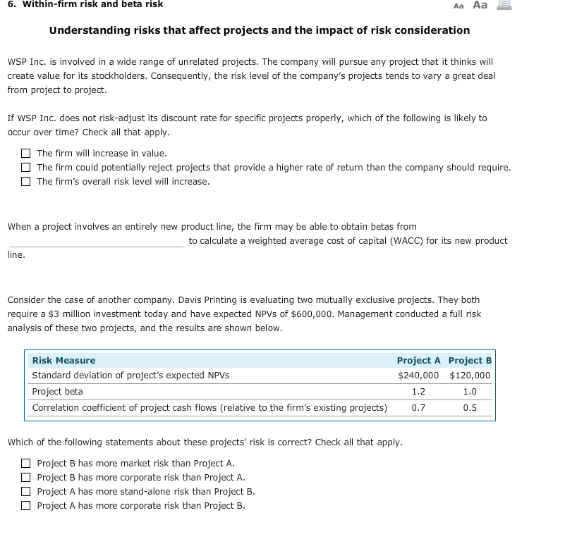  6. Within-firm risk and beta risk Understanding risks that affect projects