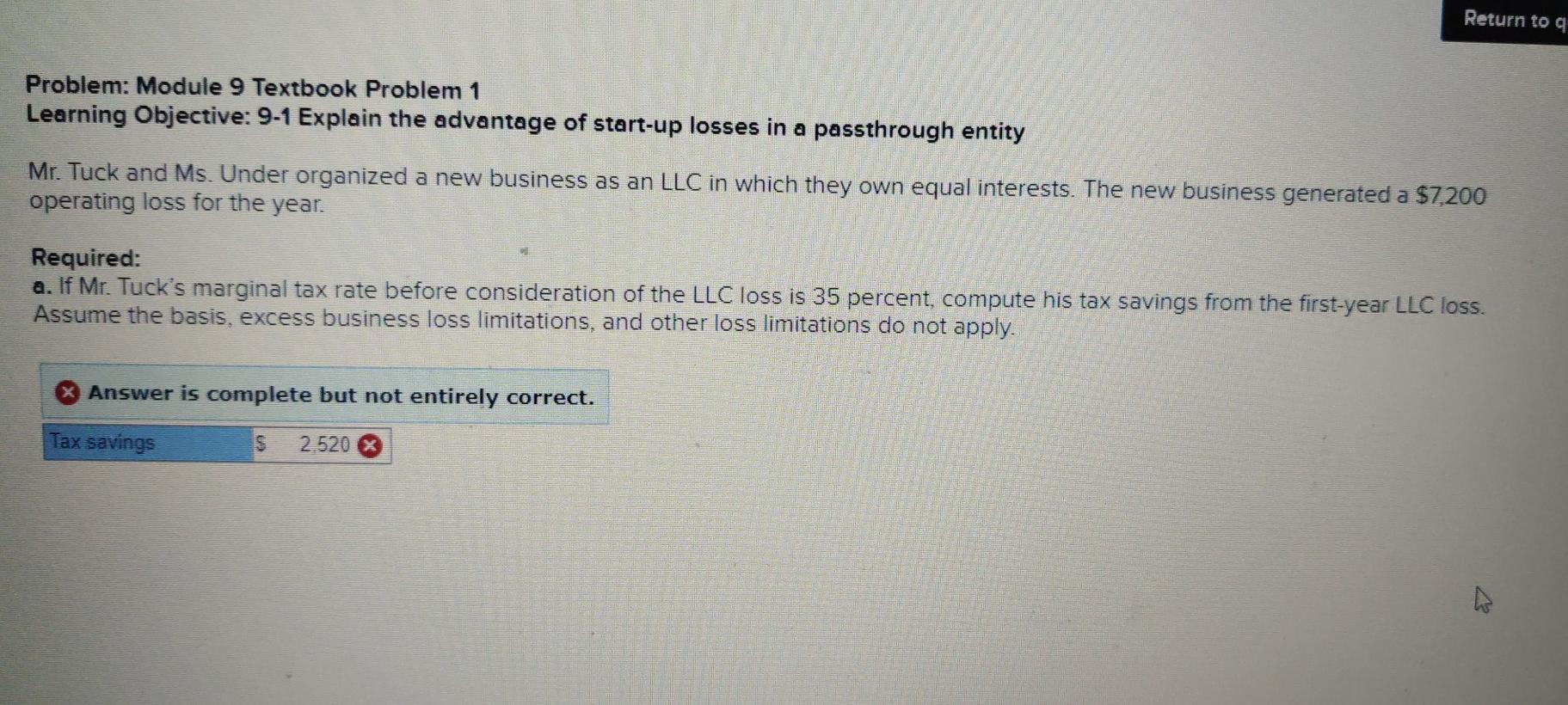  Return to a Problem: Module 9 Textbook Problem 1 Learning Objective: