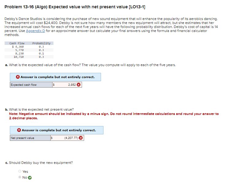 Problem 13-16 (Algo) Expected value with net present value [LO13-1] Debbys Dance
