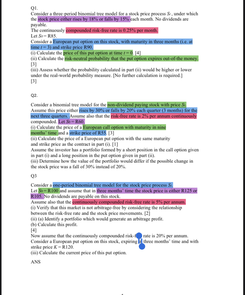 Q1. Consider a three-period binomial tree model for a stock price