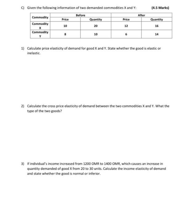  C) Given the following information of two demanded commodities X and