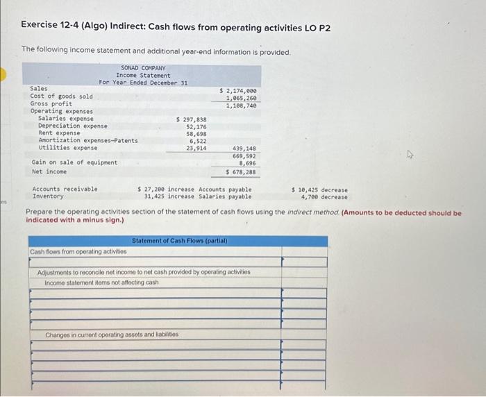  Exercise 12.4 (Algo) Indirect: Cash flows from operating activities LO P2