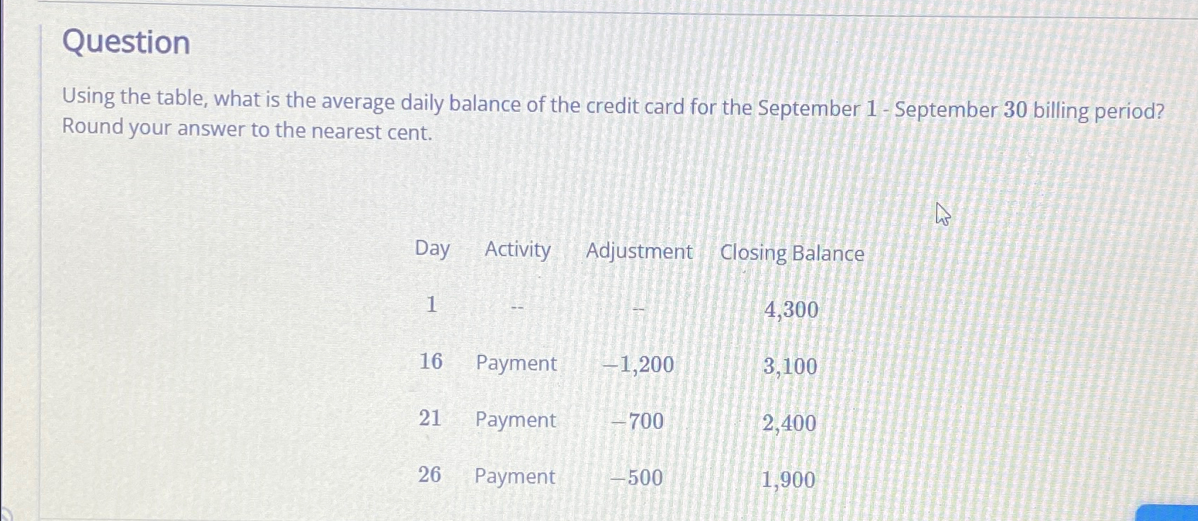  Question Using the table, what is the average daily balance of