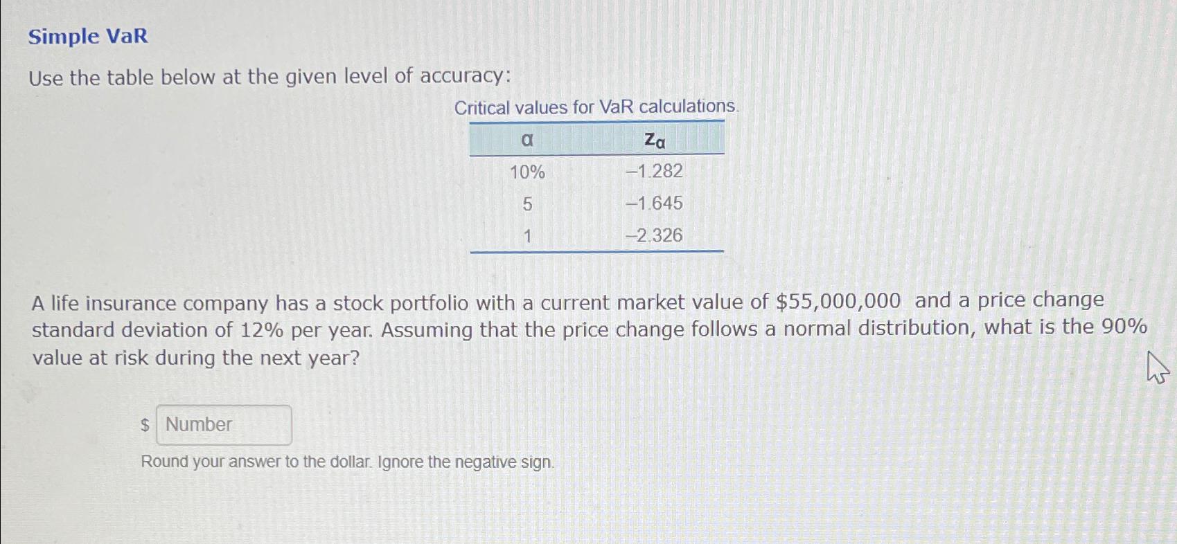  Simple VaR Use the table below at the given level of