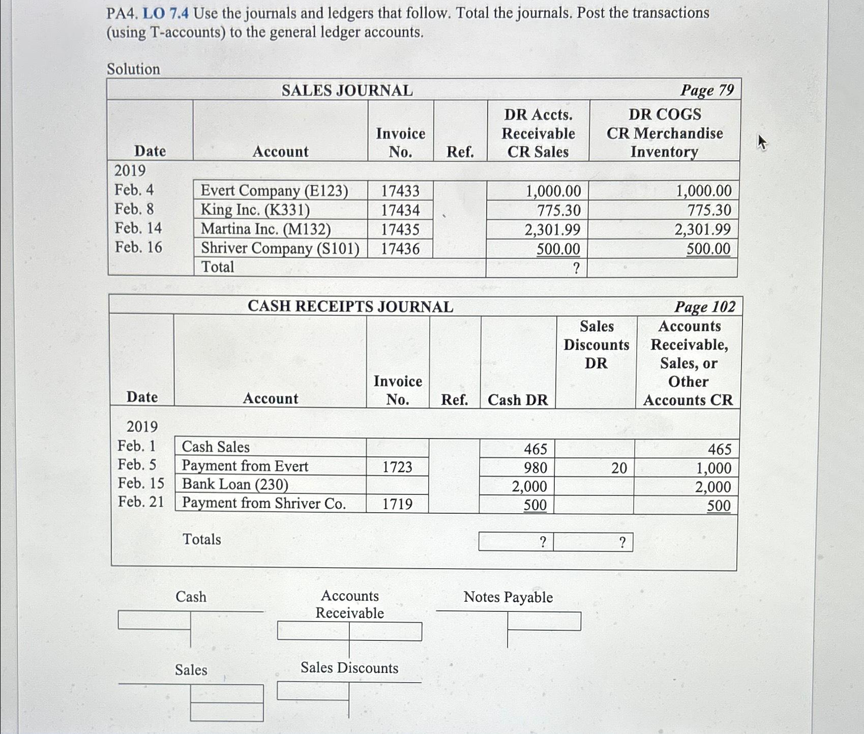  PA4. LO 7.4 Use the journals and ledgers that follow. Total