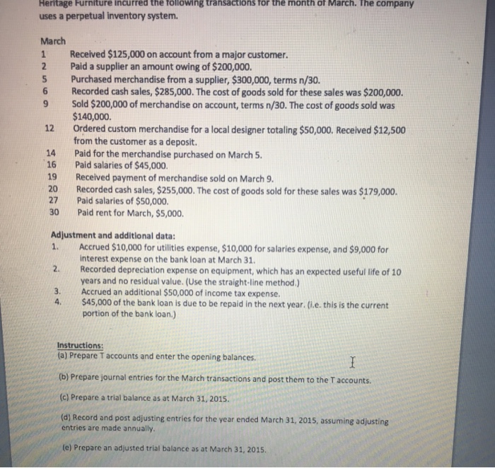 pls show all work Heritage Furniture Limited reports the following information for