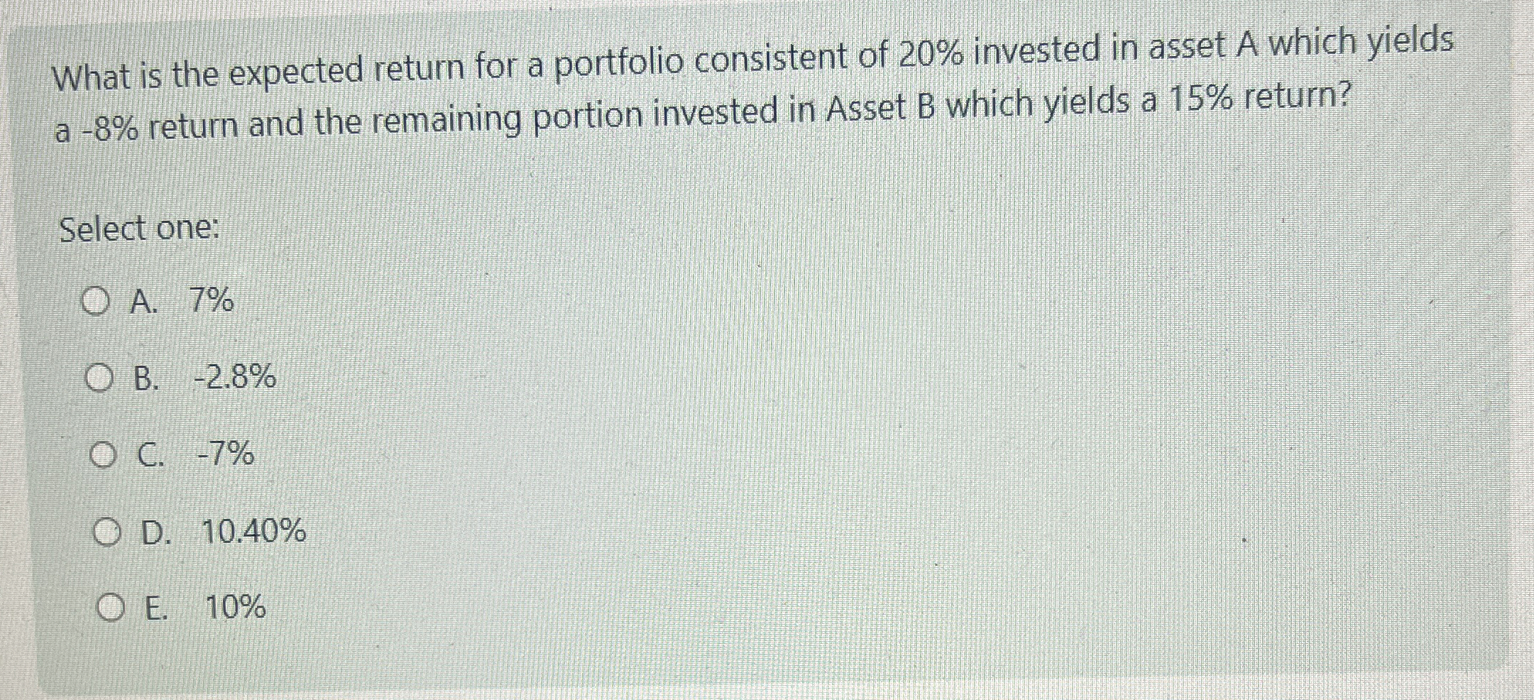  What is the expected return for a portfolio consistent of 20%