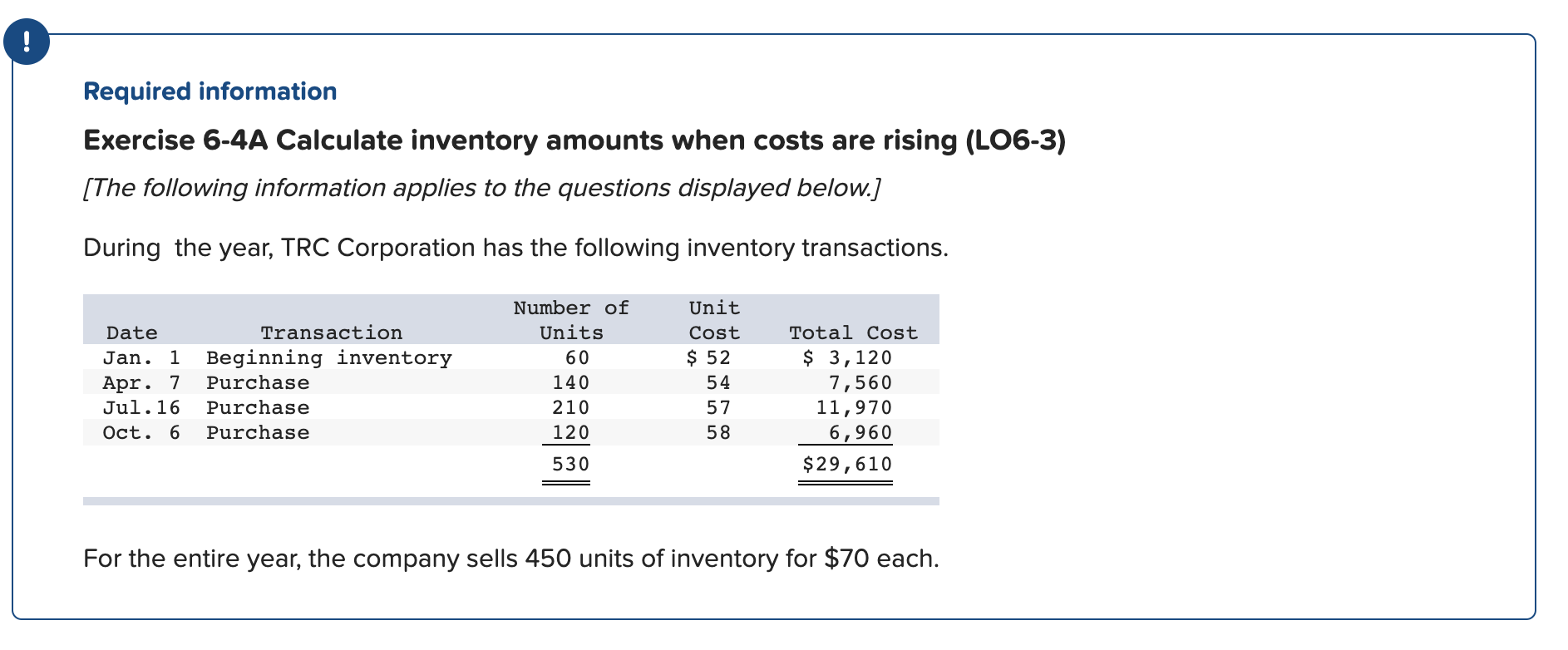  ! Required information Exercise 6-4A Calculate inventory amounts when costs are