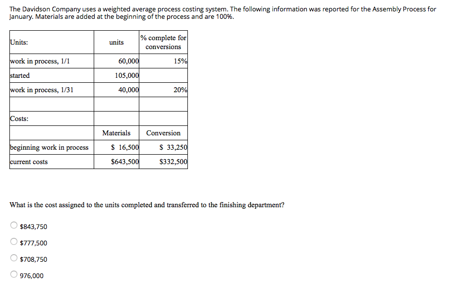  The Davidson Company uses a weighted average process costing system. The