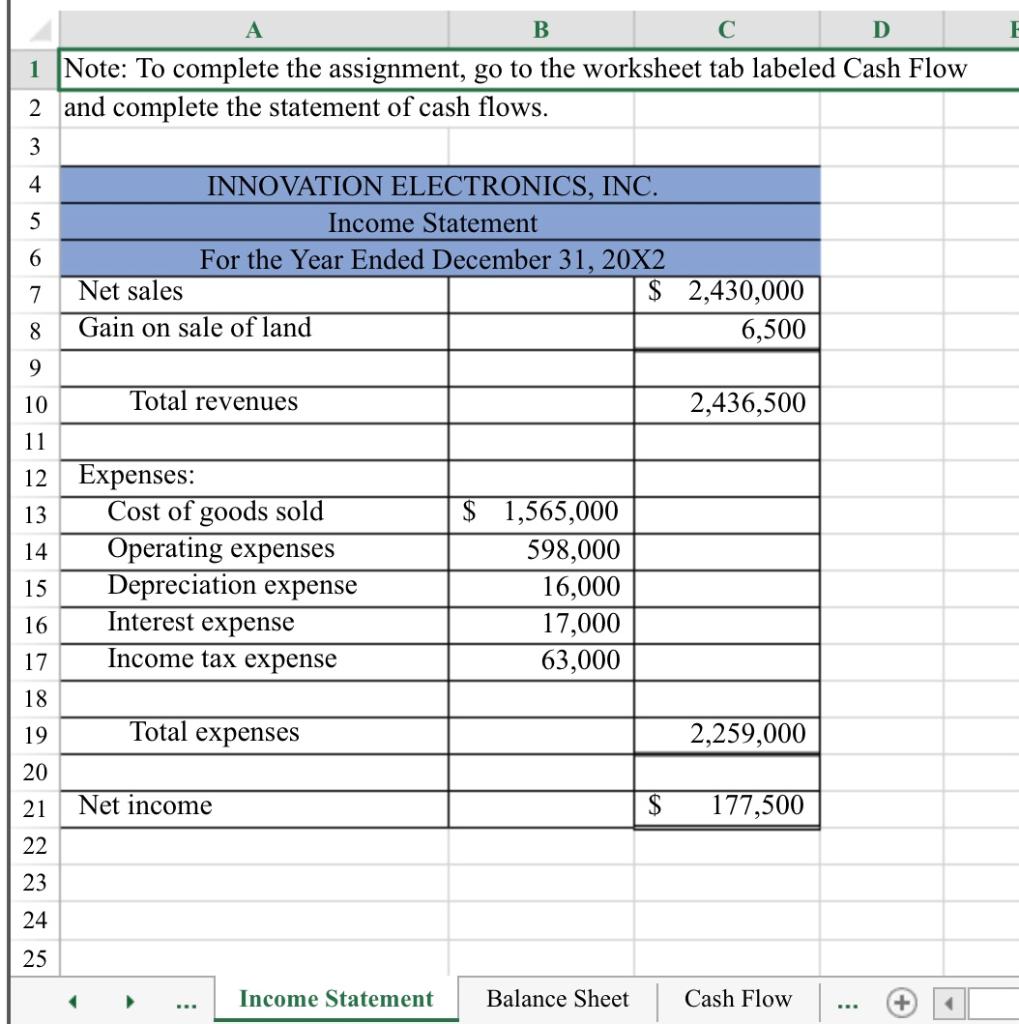 Income statement Balance Sheet A B D 1 Note: To complete the
