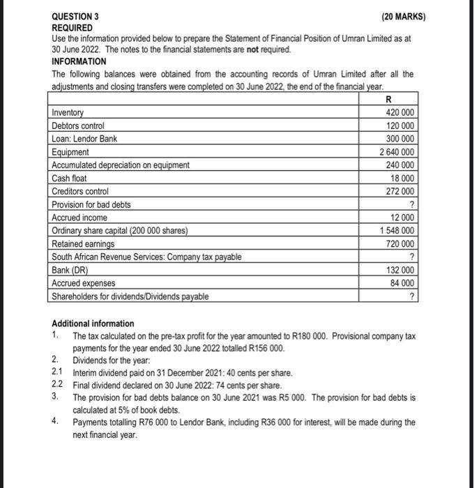  QUESTION 3 (20 MARKS) REQUIRED Use the information provided below to