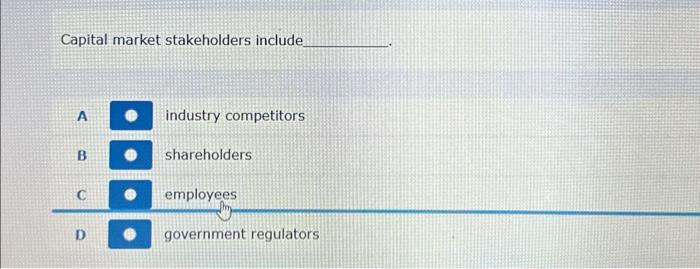 Capital market stakeholders include c industry competitors shareholders employees government regulators