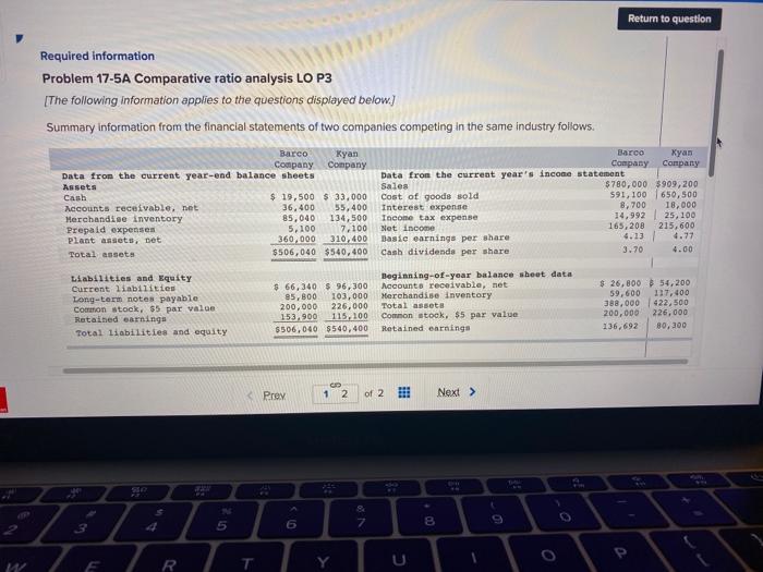 Return to question Required information Problem 17-5A Comparative ratio analysis LO
