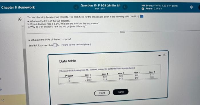  You are choosing botween two projects. The cash flows for the
