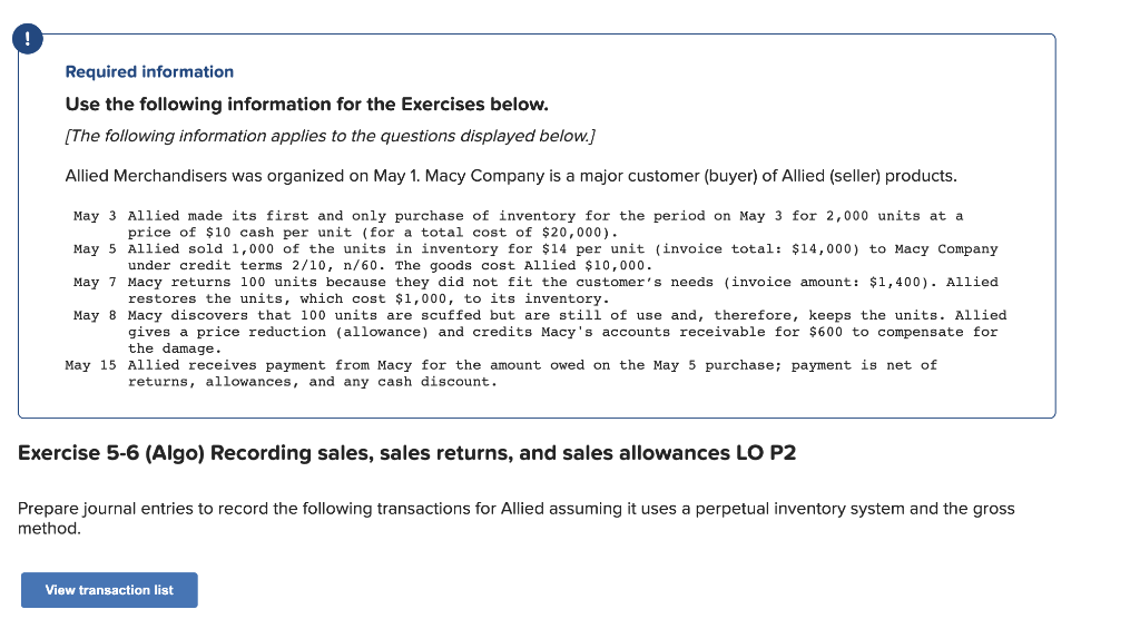  Required information Use the following information for the Exercises below. (The