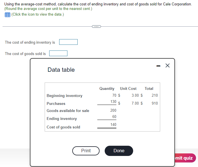  Using the average-cost method, calculate the cost of ending inventory and