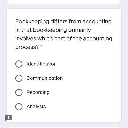 Bookkeeping differs from accounting in that bookkeeping primarily involves which part