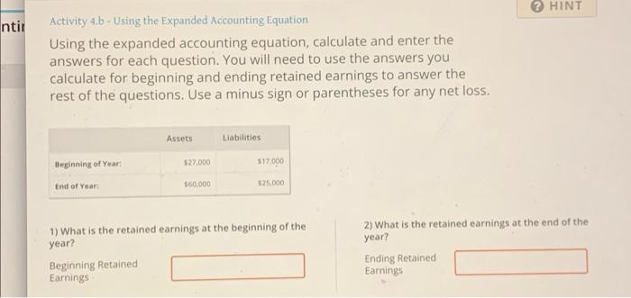  ? HINT ntir Activity 4.b - Using the Expanded Accounting Equation