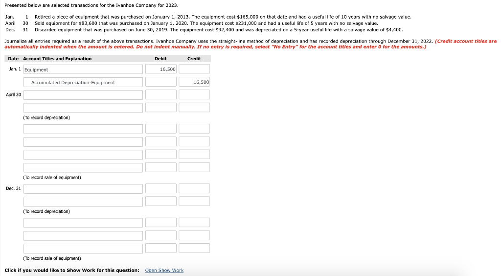 Presented below are selected transactions for the Ivanhoe Company for 2023.