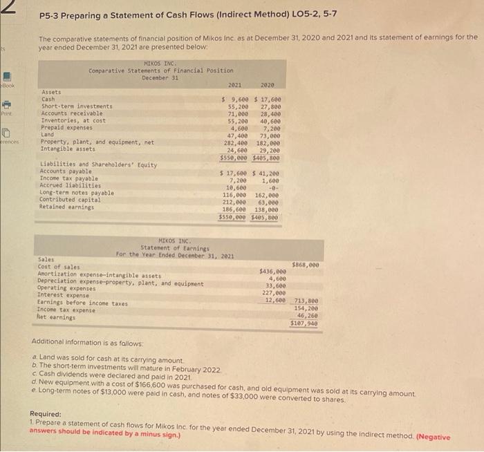 P5-3 Preparing a Statement of Cash Flows (Indirect Method) LO5-2, 5-7
