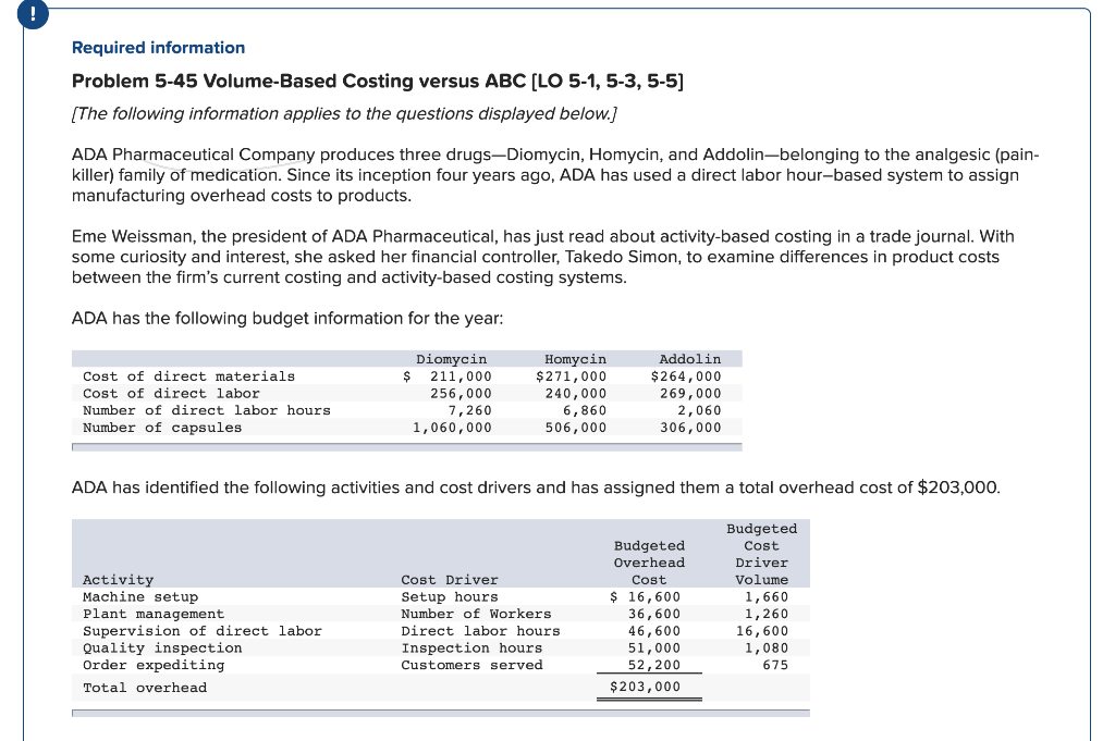  ! Required information Problem 5-45 Volume-Based Costing versus ABC [LO 5-1,