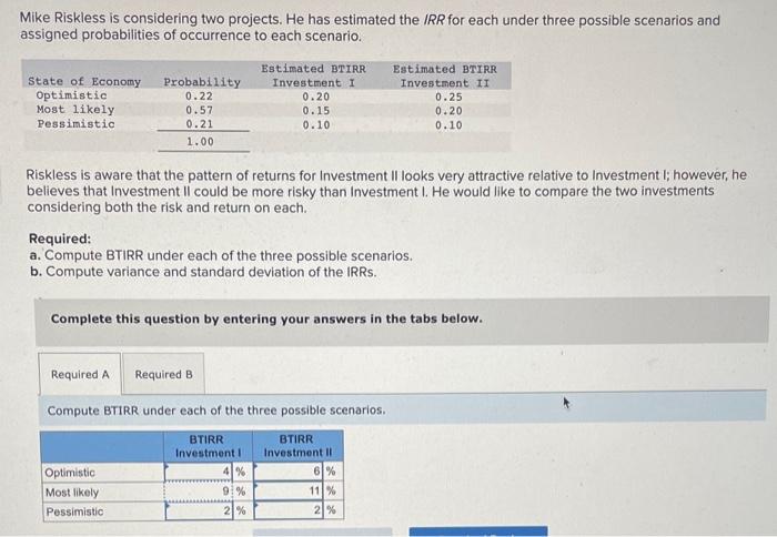  Mike Riskless is considering two projects. He has estimated the IRR