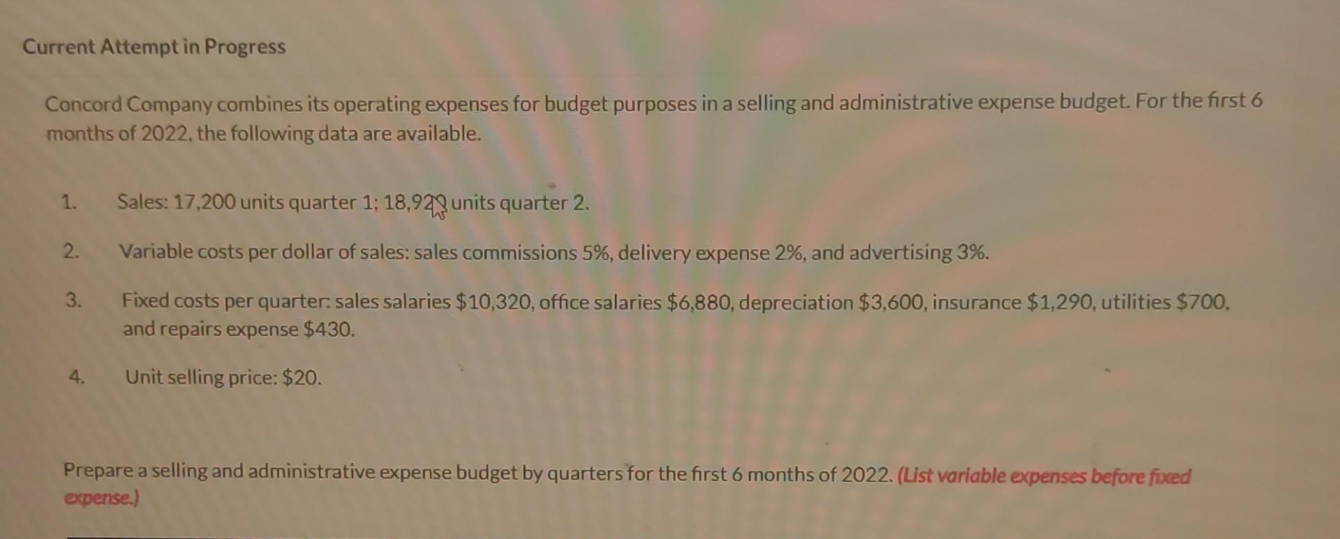 Current Attempt in Progress Concord Company combines its operating expenses for