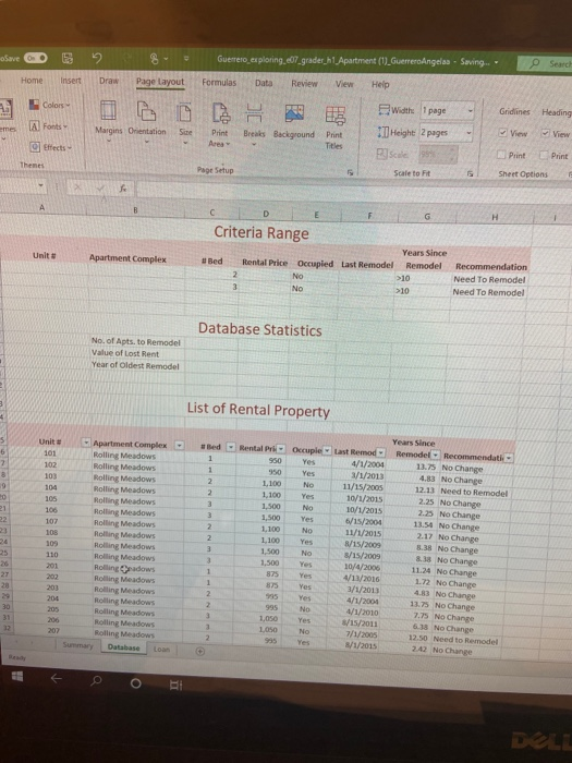  need help on finding database statistics obave Guerrero exploring e07_grader_h1, Apartment