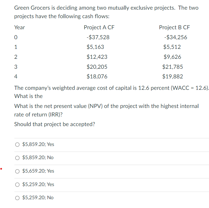 Green Grocers is deciding among two mutually exclusive projects. The two