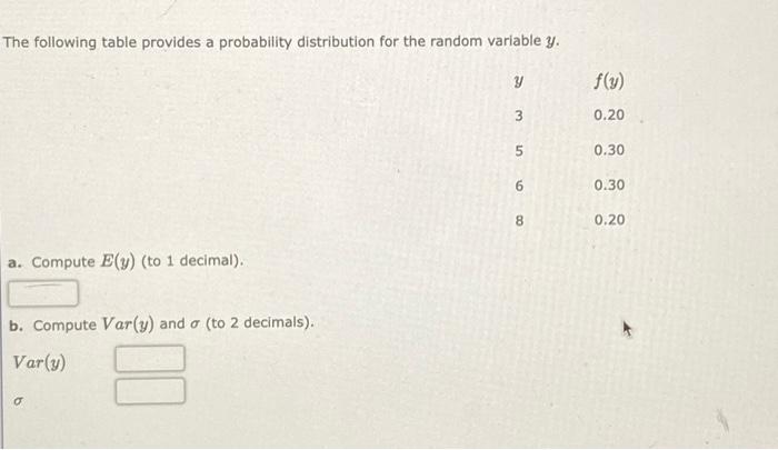  The following table provides a probability distribution for the random variable