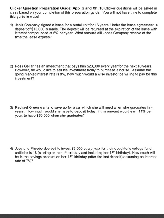  Clicker Question Preparation Guide: App. G and Ch. 10 Clicker questions