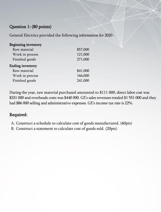  Question 1: (80 points) General Electrics provided the following information for