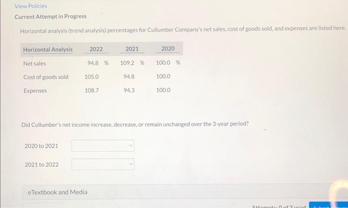 Need help solving problem View Policies Current Attempt in Progress Horizontal analysis
