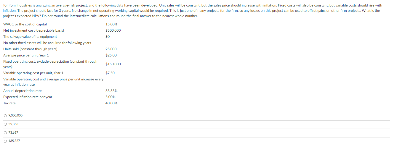 TomTom Industries is analyzing an average-risk project, and the following data have