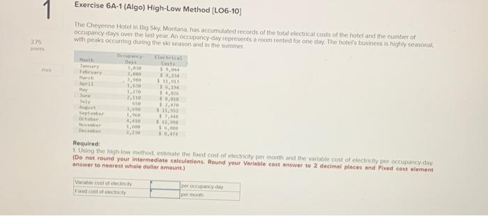  1 Exercise 6A-1 (Algo) High-Low Method [LO6-10) 3.75 Jam The Cheyenne