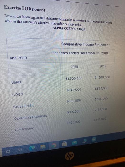  Exercise I (10 points) Express the following income statement information in
