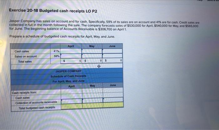 Budgeted cash receipts LO P2 per Company has sales on account and