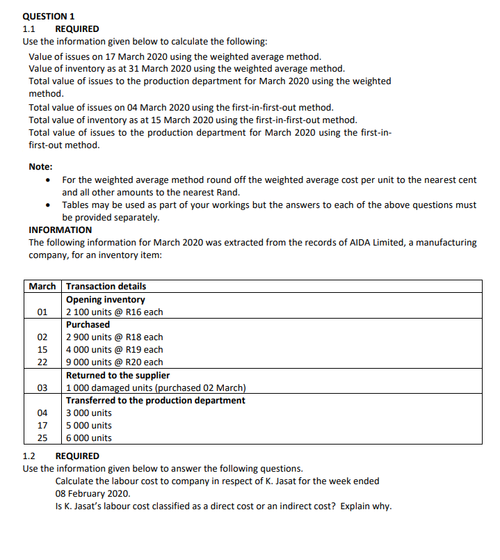 QUESTION 1 1.1 REQUIRED Use the information given below to calculate