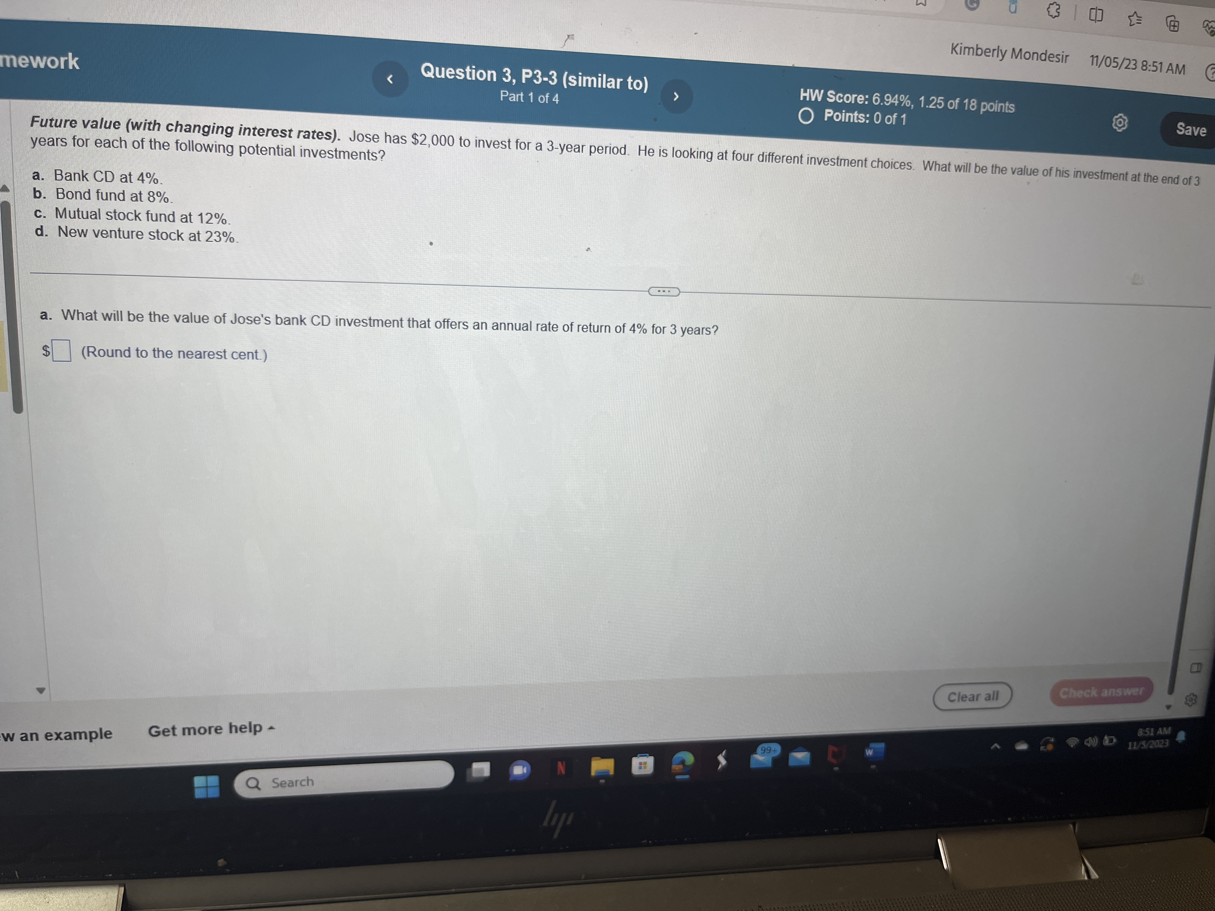 Kimberly Mondesir 11/05/23 8:51 AM C ework Question 3, P3-3 (similar to)