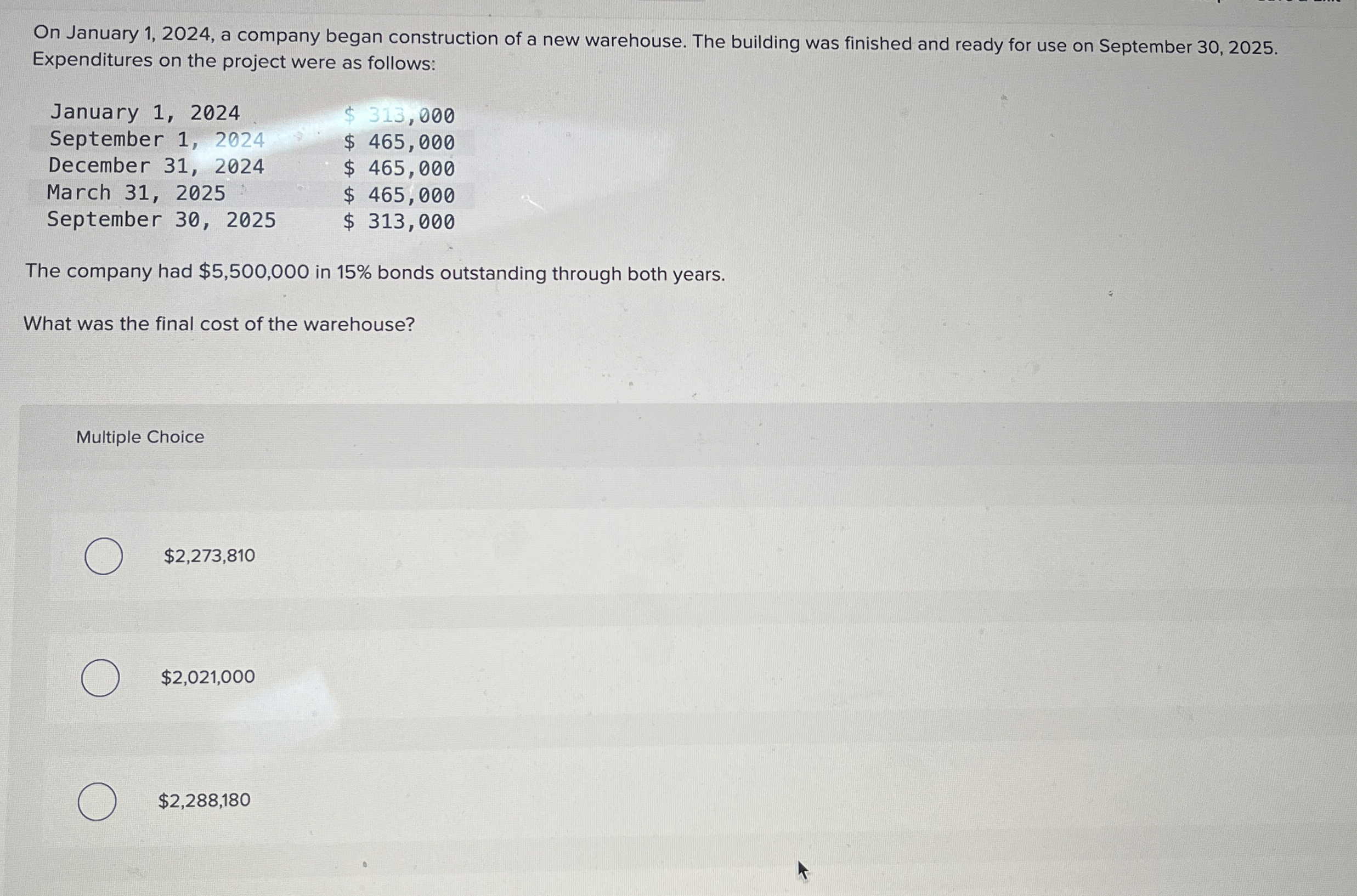  On January 1,2024, a company began construction of a new warehouse.
